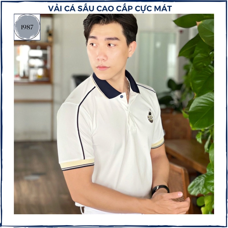 Áo polo nam cao cấp hoạ tiết thêu vải cá sấu poly mầu đen trắng, áo thun nam trung niên bigsize 100kg quà tặng bạn trai
