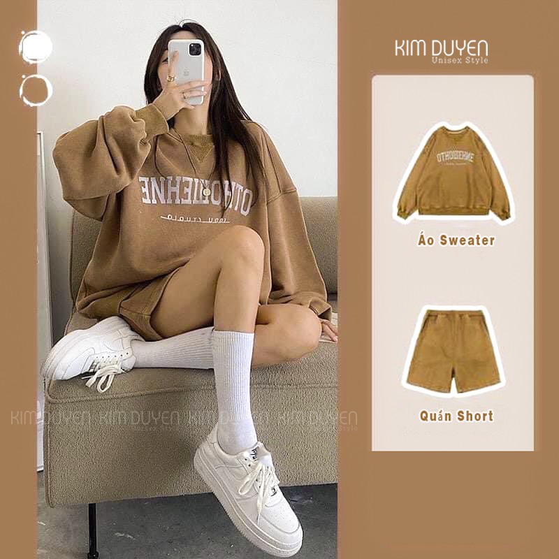 Set Bộ Nỉ Áo Sweater Kèm Quần Đùi Set Bộ Nỉ Ngoại Tay Phồng Form Rộng Phong Cách Ulzzang OTHOW [Ảnh Thật]