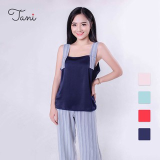 Bộ mặc nhà quần thô đũi kẻ sọc phối áo lụa satin trơn