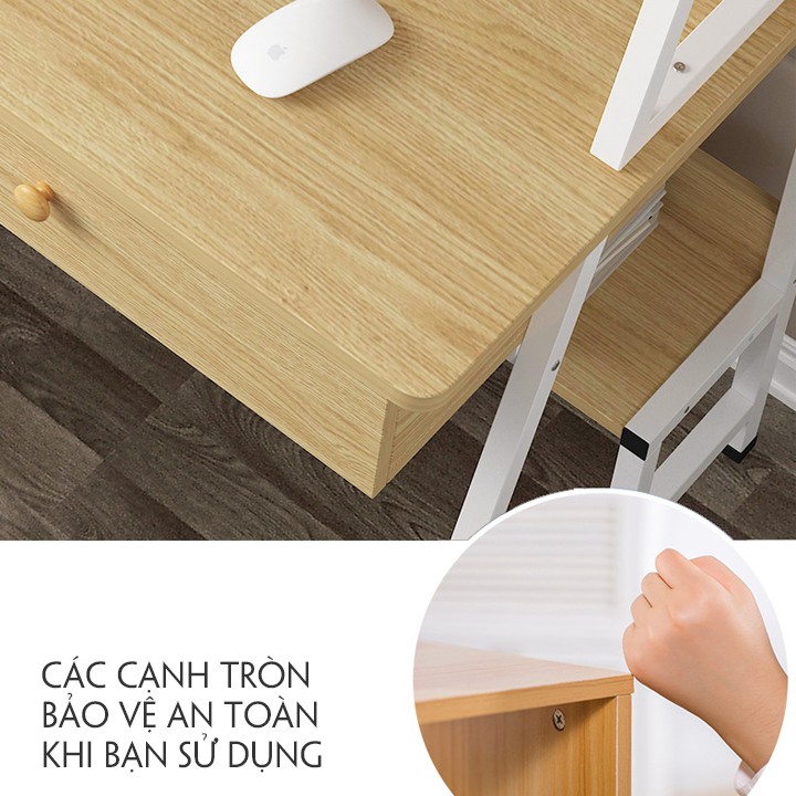 Bàn học, làm việc chữ A liền kệ sách chân sắt mặt bàn gỗ ép cao cấp phủ melamine chống bám bụi xước T210