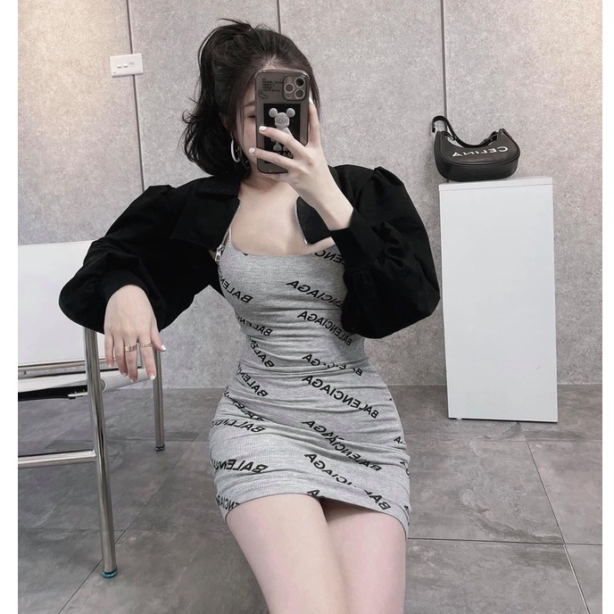 [Mã 44FASHIONSALE1 giảm 10K đơn 50K] Set váy áo khoác nhung mix váy body 2 dây khóa siêu tôn dáng TH022