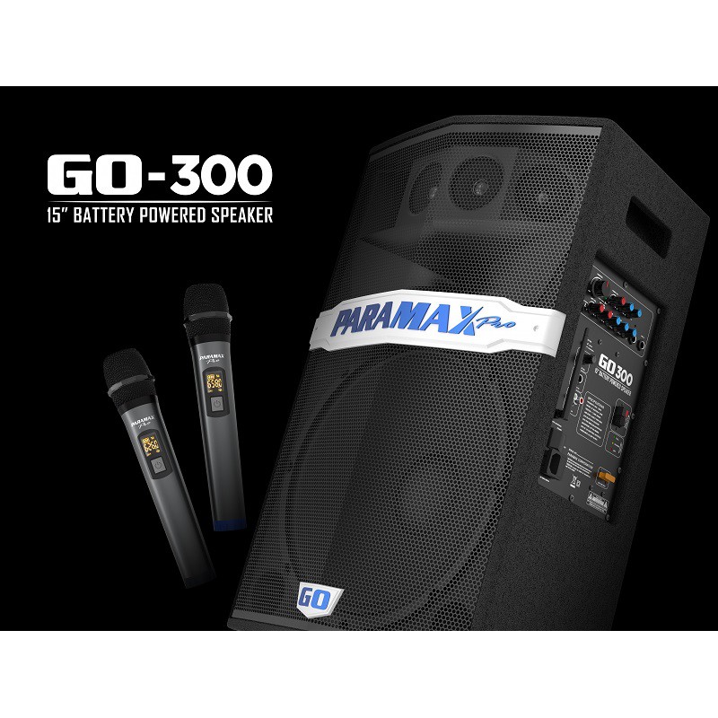 Loa kéo di động Paramax Pro Go 300  Loa Gỗ 4 tấc 450W Kèm 2 Micro UHF ca nhẹ