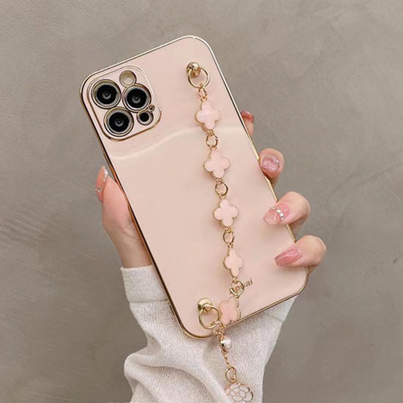 Ốp Điện Thoại Dẻo Trong Suốt Mạ Điện Màu Hồng Có Vòng Đeo Tay Cho iPhone 13 12 11 Pro MAX IX XS MAX XR 7 8Plus