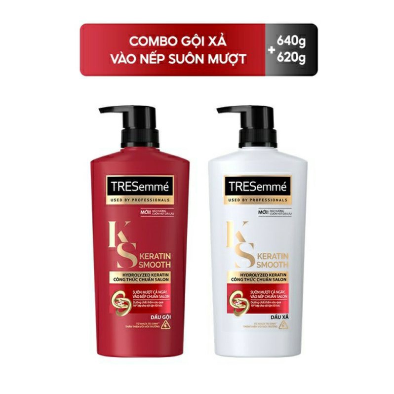 Combo Dầu gội đầu 640g + Dầu xả 620g TRESemmé Keratin Smooth Tinh dầu Argan và Keratin vào nếp suôn mượt