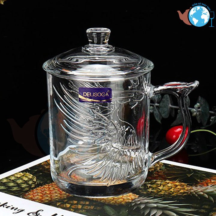 SET 2 ly thủy tinh bao gồm ly rồng và ly phụng có quai cầm, nắp thủy tinh sang trọng, dùng làm quà tặng