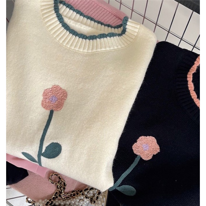 DUNEA Set Áo Sơ Mi Hoa Và Áo Len Không Tay Phong Cách Hàn Quốc Xinh Xắn Cho Nữ