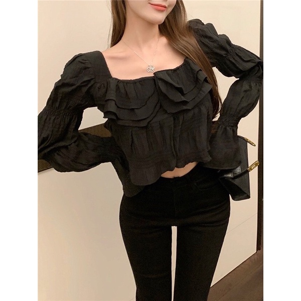 Áo crop tay dài trắng đen(Sẵn 2 màu)