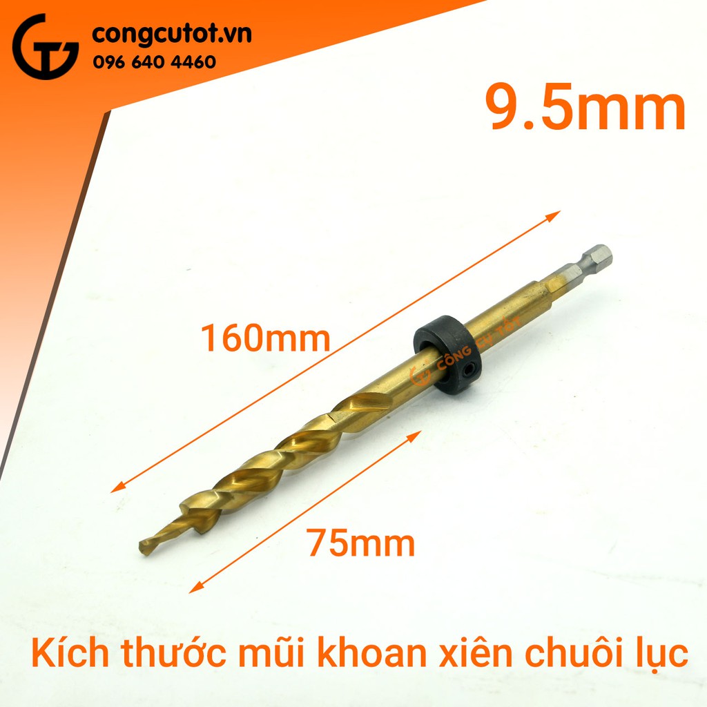 Mũi khoan xiên gỗ 9.5mm x 160mm phủ titan vàng