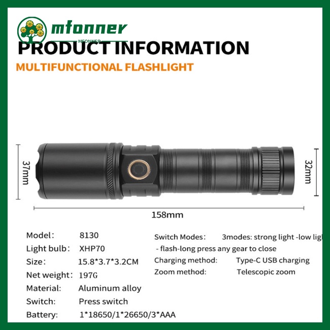 Đèn Pin Xhp70 Mini 1200-1500 Lumens Chống Thấm Nước Ipx4 Kèm Sạc Chất Lượng Cao