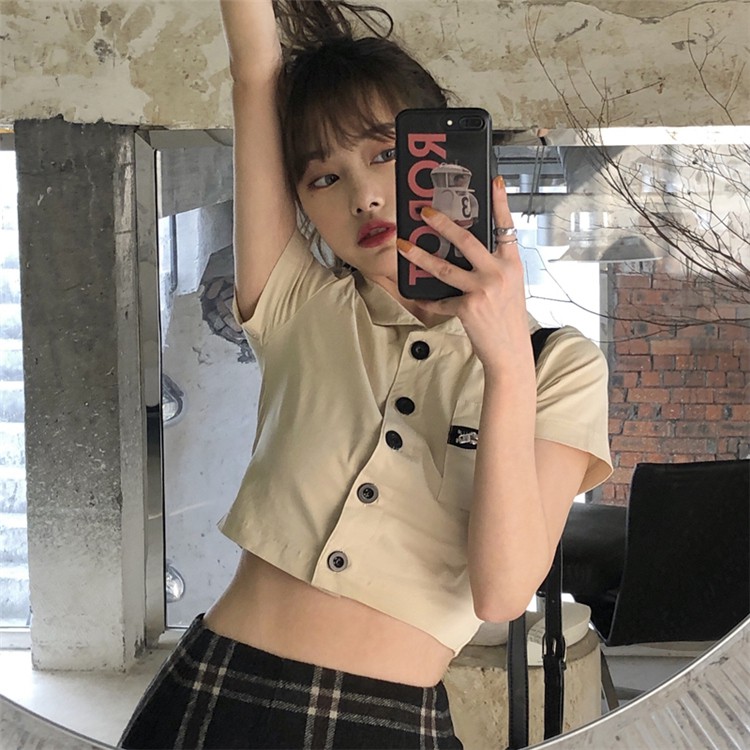 Áo Sơ Mi Ngắn Tay Dáng Ôm Phong Cách Retro Thời Trang