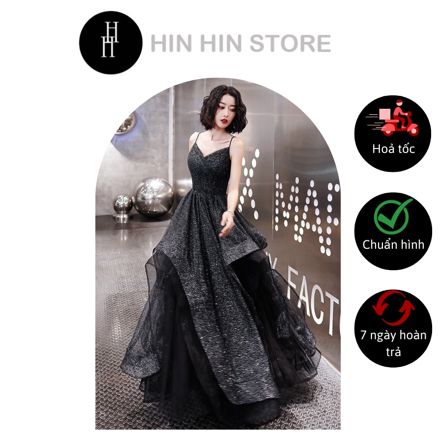 Đầm dạ hội cao cấp hai dây nhũ kim tuyến viền bèo tầng sole H101 Hỉn Hỉn Store