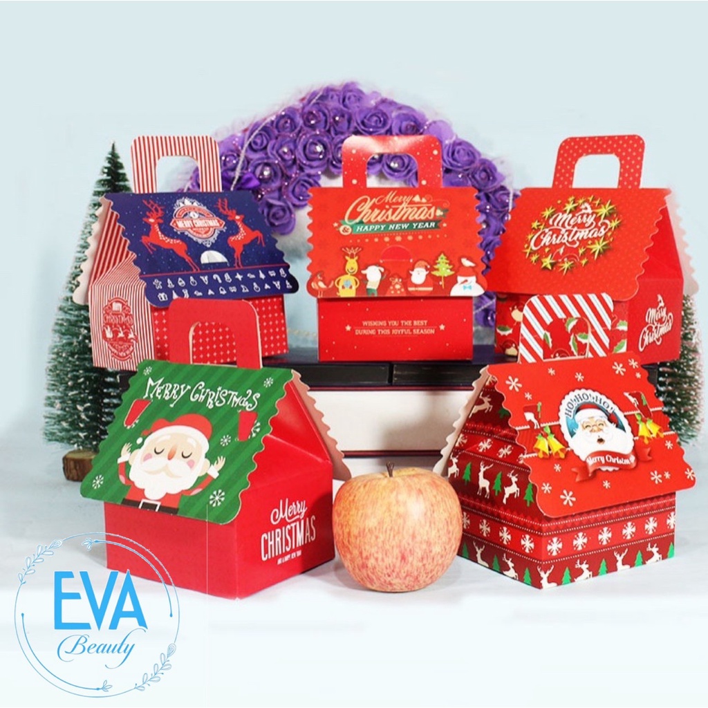 Combo 5 Hộp Quà Noel Dùng Đựng Quà Giáng Sinh Hình Ngôi Nhà Có Quai Xách Nhiều Mẫu M3528