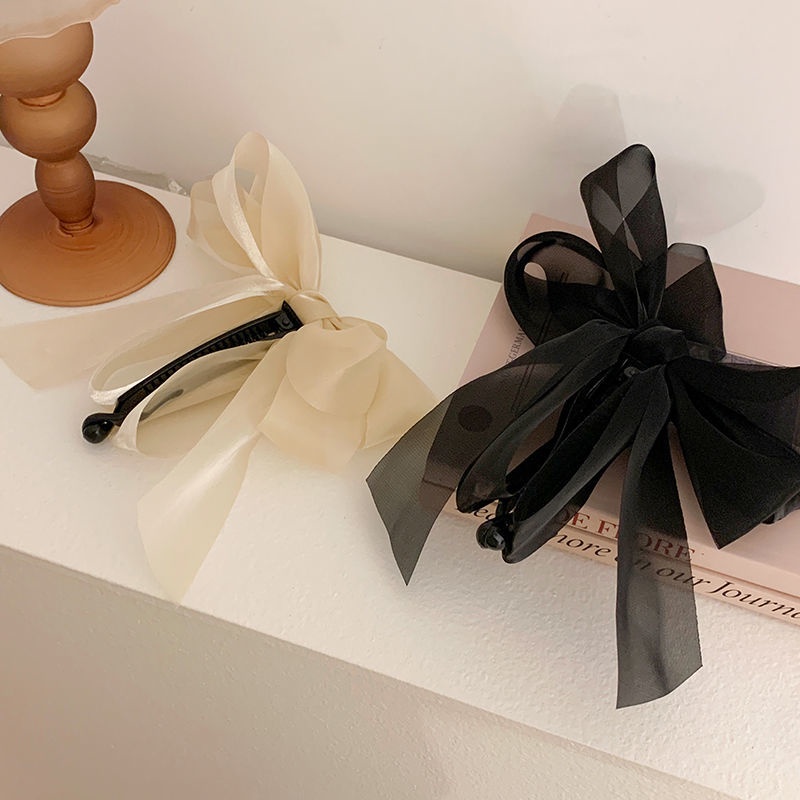 Kẹp Tóc Nơ Lưng Co Giãn Bằng Vải Chiffon Phối Lưới Xinh Xắn