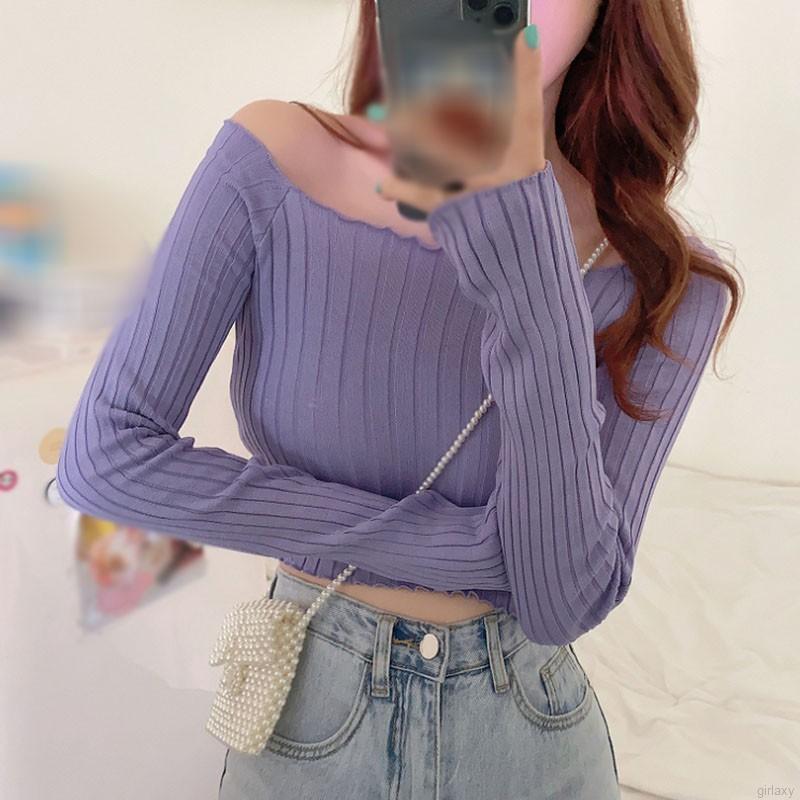Korean Simple Slimming Square Neck Pit Strip Solid Long Sleeve T-shirt