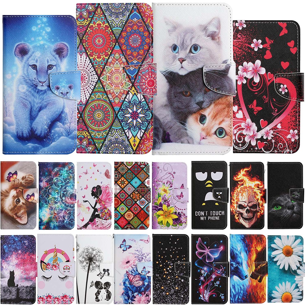 Ốp Điện Thoại Dạng Ví Da Nắp Lật Vẽ Hình Hoa/Mèo Dễ Thương Cho Samsung Galaxy S20 FE S21 Plus S21 FE S22 Ultra