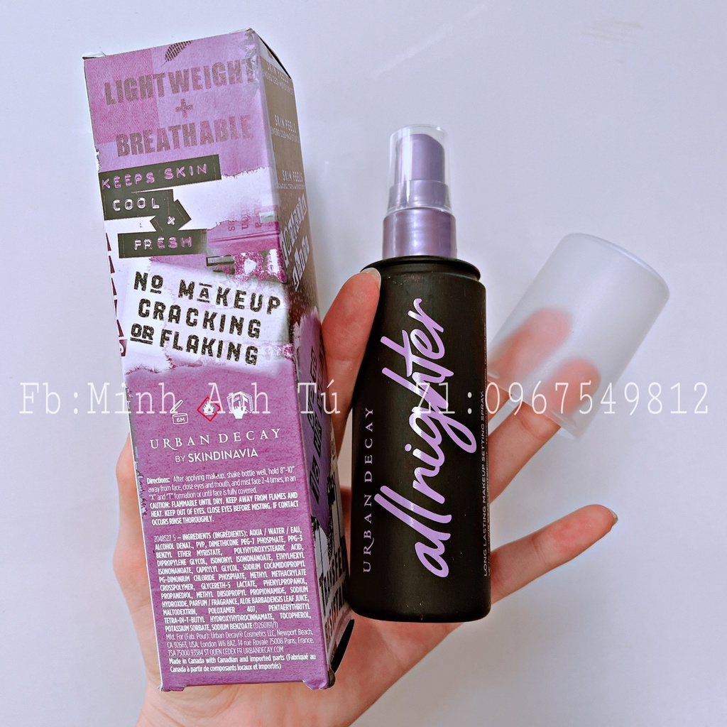 XỊT KHÓA MAKEUP URBAN DECAY ALLNIGHTER MAKEUP SETTING SPRAY, KHÓA NỀN TÍM [ CHÍNH HÃNG]