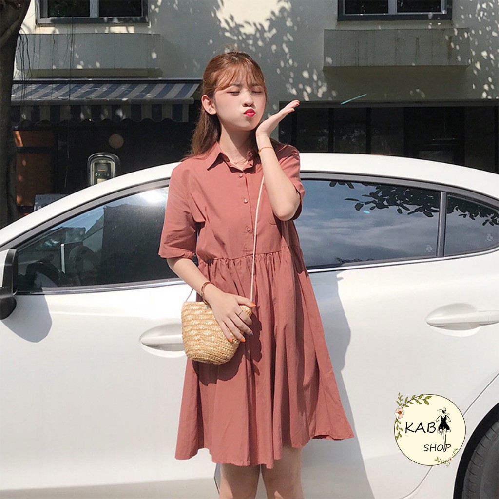 Váy babydoll Váy ULZZANG sơ mi cổ bẻ Hồng, Trắng thời trang 2021