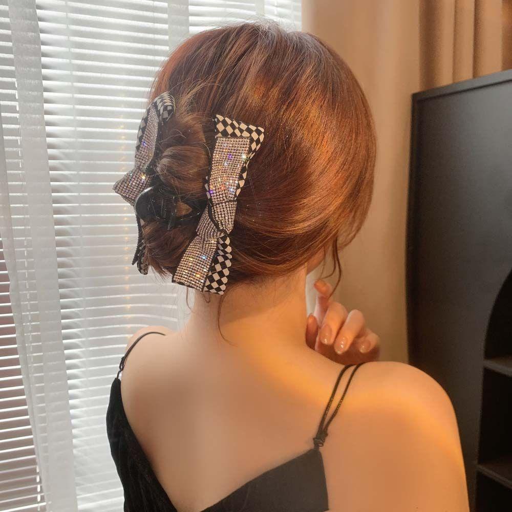 JARRED Kẹp Tóc Nơ Họa Tiết Kẻ Ô Đính Đá Màu Trắng Đen Thời Trang Cho Nữ