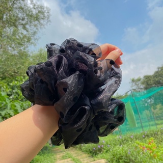 Buộc tóc voan phồng chấm bi đen voan phồng