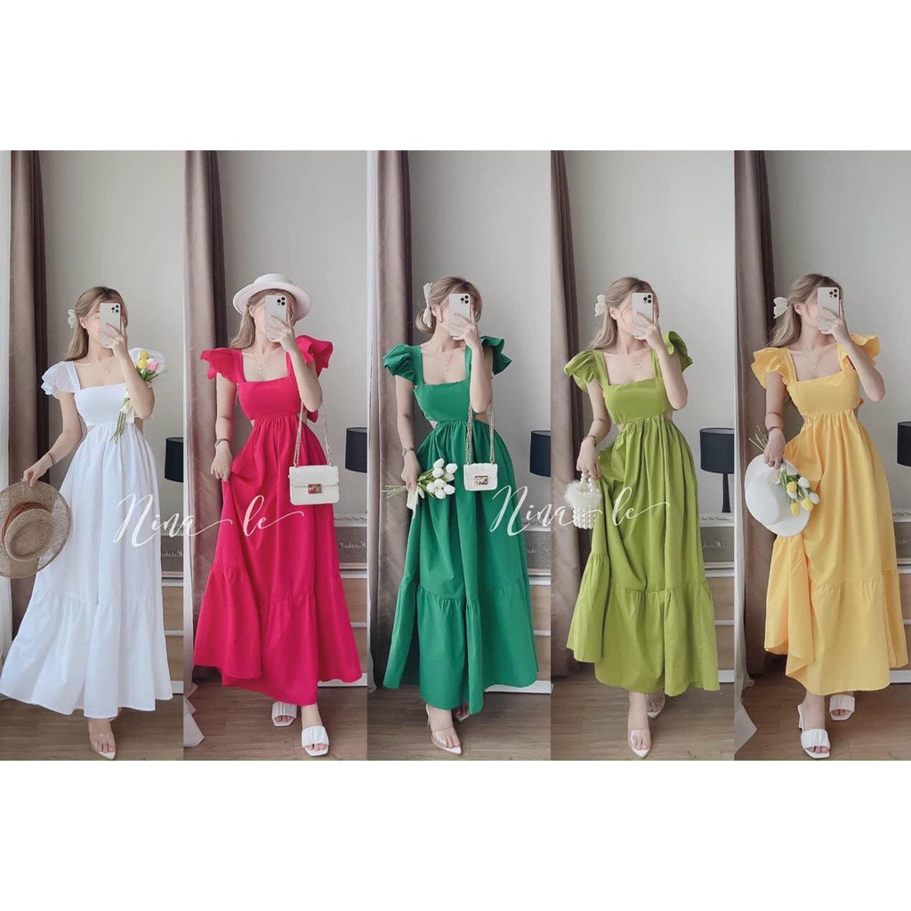 Đầm Váy Nữ Maxi Dài Chất Lụa Hàn Bèo Vai Khoét Eo Cổ Vuông Cột Nơ Lưng ( Có Mút Ngực ) Thiết Kế Sang Chảnh