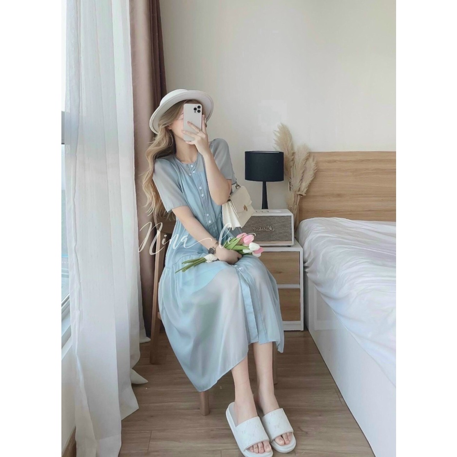 [8.8 Sales Freeship] Đầm tiểu thư, đầm voan maxi dáng dài cổ tròn đính nút, đầm babydoll xòe tay phồng đi biển xinh xắn
