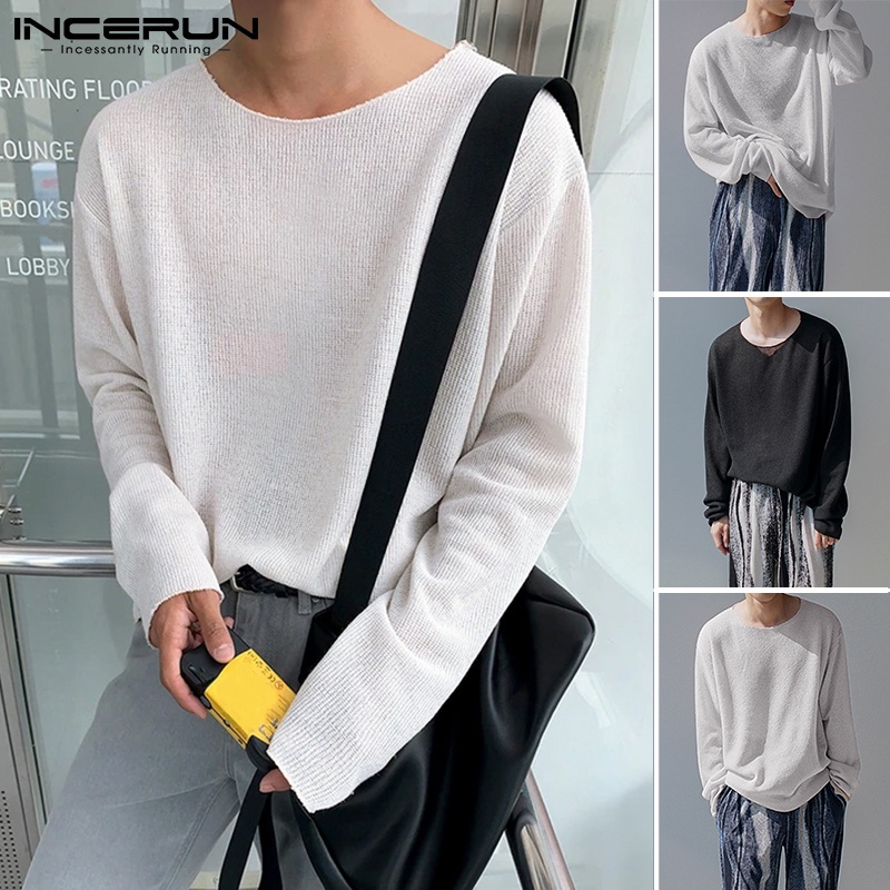 Áo Dệt Kim INCERUN Cổ Tròn Màu Trơn Dài Tay Đơn Giản Cho Nam