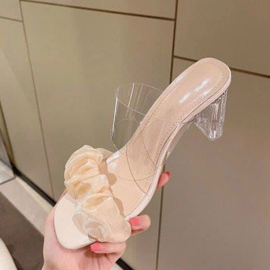 Guốc dép nữ quai trong viền lụa đế pha lê 7cm