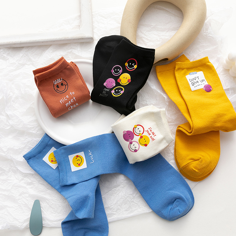 Funny Smile Hot Stamping Crew Socks Women Cute Face Expressions Candy Colors Girls Cotton Cozy Socks Female Hosiery