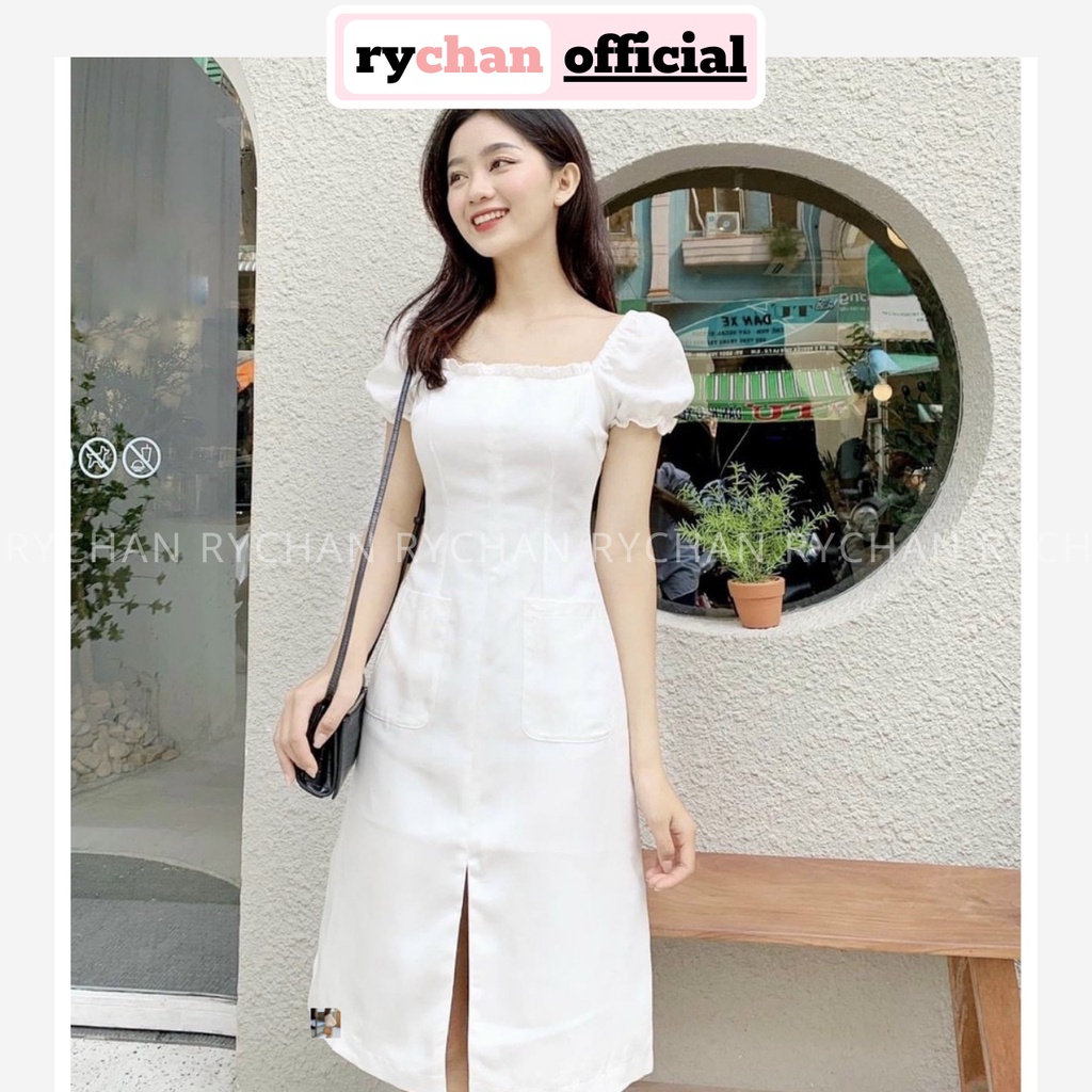 Đầm Xòe Cổ Vuông Viền Bèo Chiết Eo Xẻ Trước 3 Màu Trắng Nude Đỏ [Ảnh Thật Cuối] - DX0099