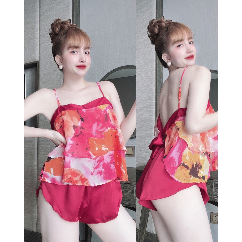 Đồ Ngủ Sexy, Bộ Đùi Cột Dây Sau Quần Satin Phối Voan 40&lt;65kg