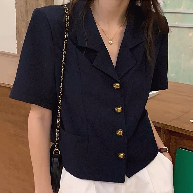 Áo vest nữ blazer tay ngắn màu tối giản Hàn Quốc