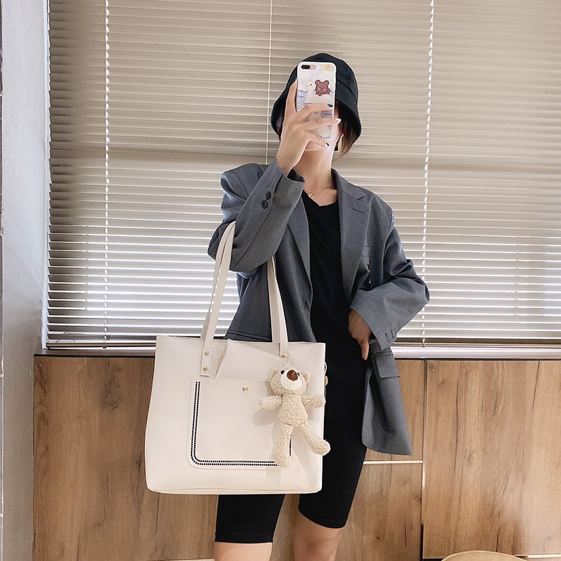 [Giảm 50K &amp; Tặng Ví Da] Túi tote da kèm gấu nữ XC-1078, da trơn đựng giấy a4 laptop kiểu túi tote công sở