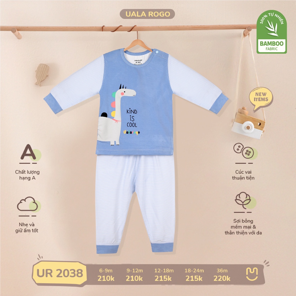 Bộ Uala Rogo Bamboo sợi tre dài tay cài vai trơn phối kẻ đáng yêu mỏng mềm cao cấp thấm hút tốt cho bé trai bé gái 2038