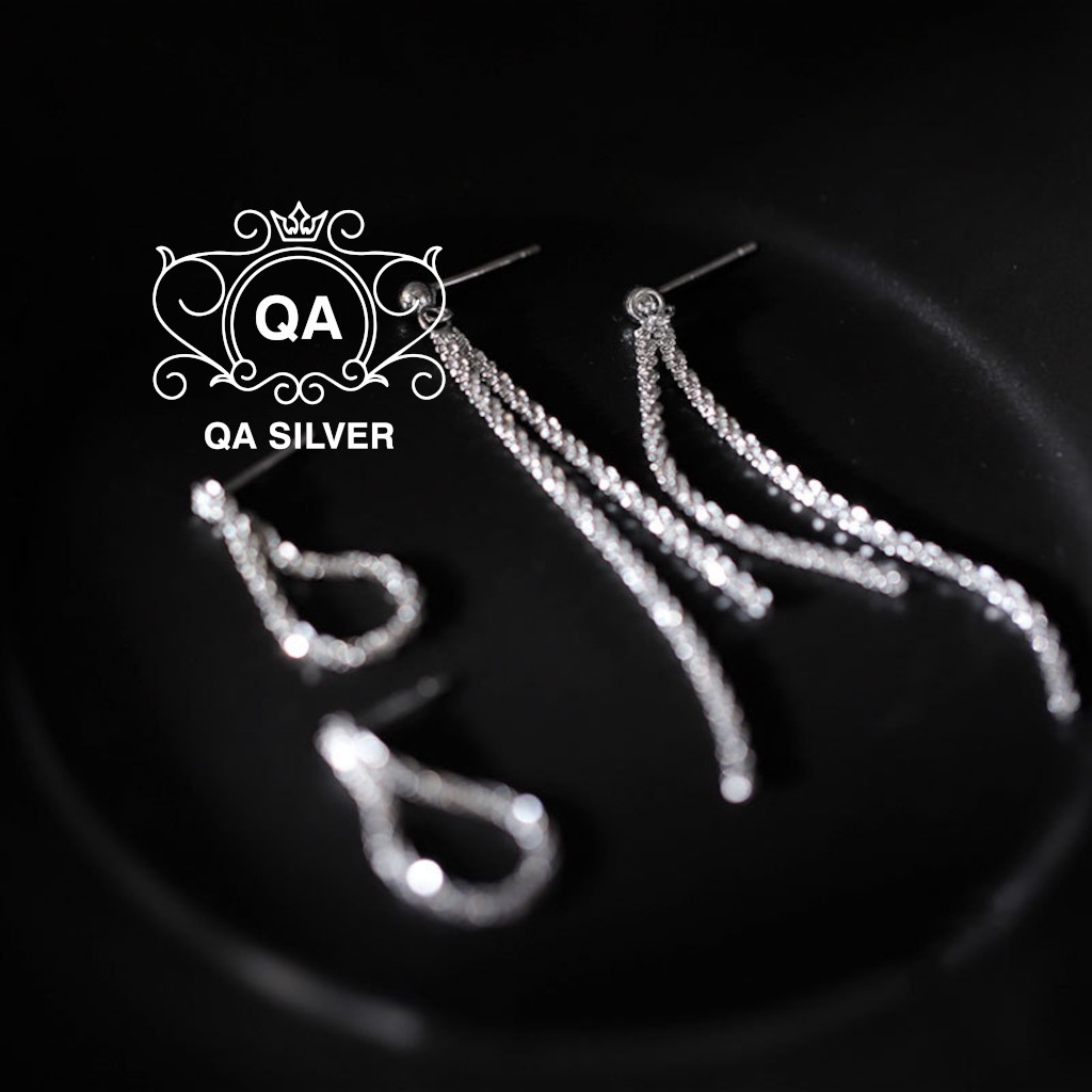 Khuyên tai bạc 925 dài tua sequin bông nữ trước sau front back S925 CHAIN QA Silver Earrings EA220801
