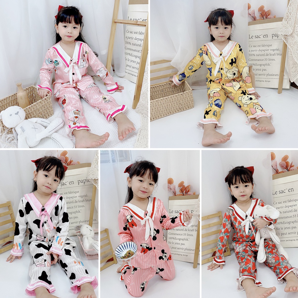 Bộ Đồ Ngủ Pijama Lụa Nhiều Họa Tiết Dành Cho Bé Gái Size Từ 10-36Kg - BPN18