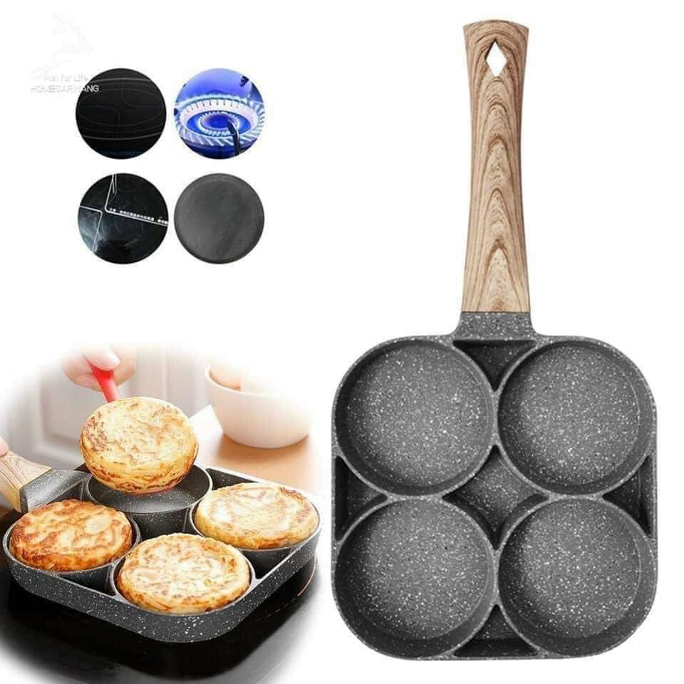 Chảo 4 Ngăn Chống Dính Cao Cấp , chiên trứng, làm bánh 4 trong 1, tay cầm bằng Cán Gỗ Sang Trọng