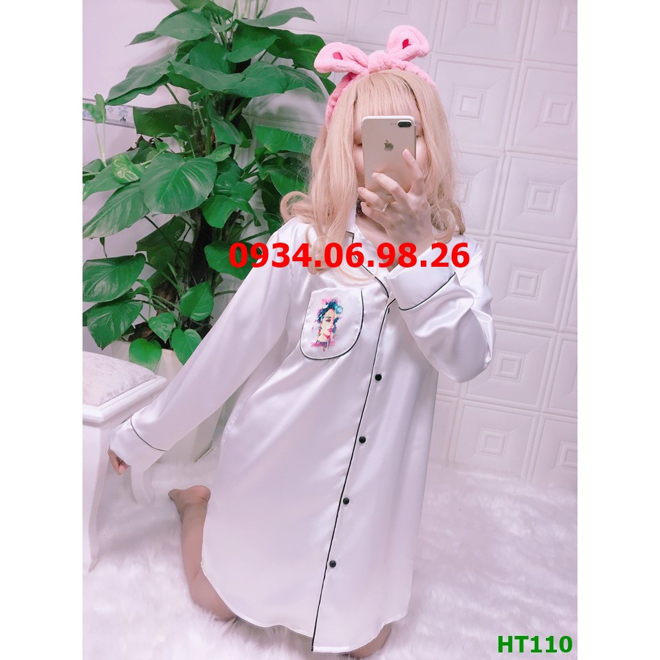 Đầm ngủ pijama kiểu dáng sơ mi hàng thiết kế chất vải lụa cao cấp - váy ngủ sơ mi lụa dài tay Hàn Quốc màu trắng