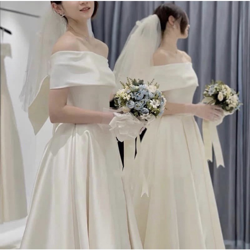 váy cưới Váy trắng dự tiệc nàng dâu nơ lưng xẻ đùi 5 kiểu trong 1 Minahan