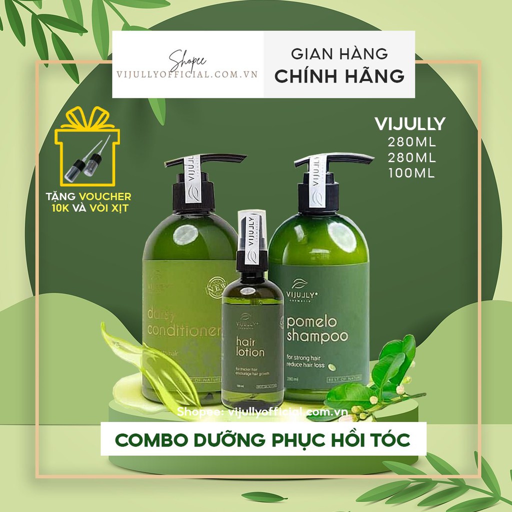 Bộ chăm sóc tóc cao cấp Vijully dầu gội bưởi, dầu xả dừa hoa cúc, xịt bưởi chính hãng