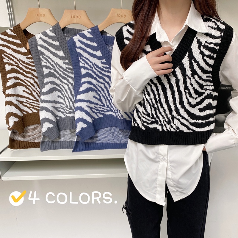 Áo dệt kim sát nách dáng rộng họa tiết ngựa vằn thời trang mùa thu