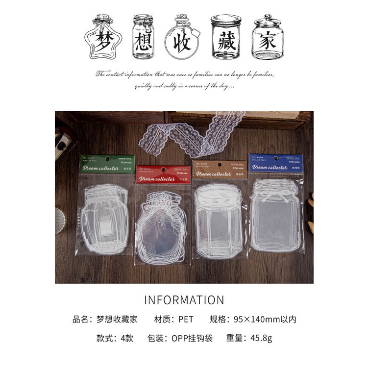 Set 20 nhãn dán PET trong suốt hình lọ đựng phong cách Nhật Bản trang trí tạp chí/văn phòng phẩm