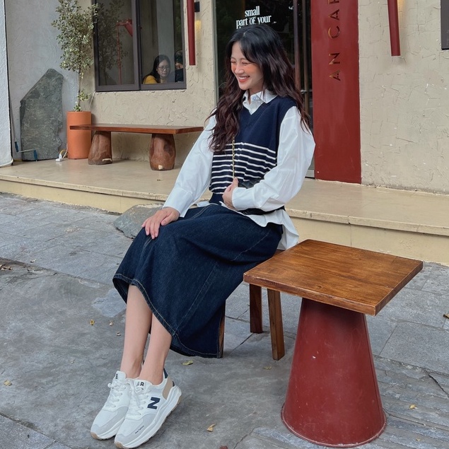 Chân váy jeans xuông CHALIN 3 màu hàn xẻ sau CV-8057