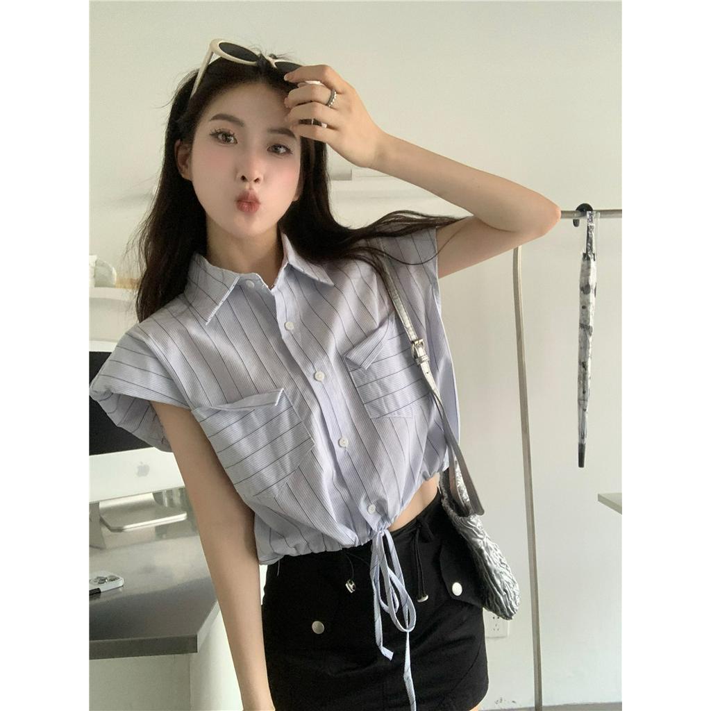 Áo Sơ Mi Không Tay Kẻ Sọc 3 Màu Có Đệm Vai Phong Cách Hàn Quốc 63272