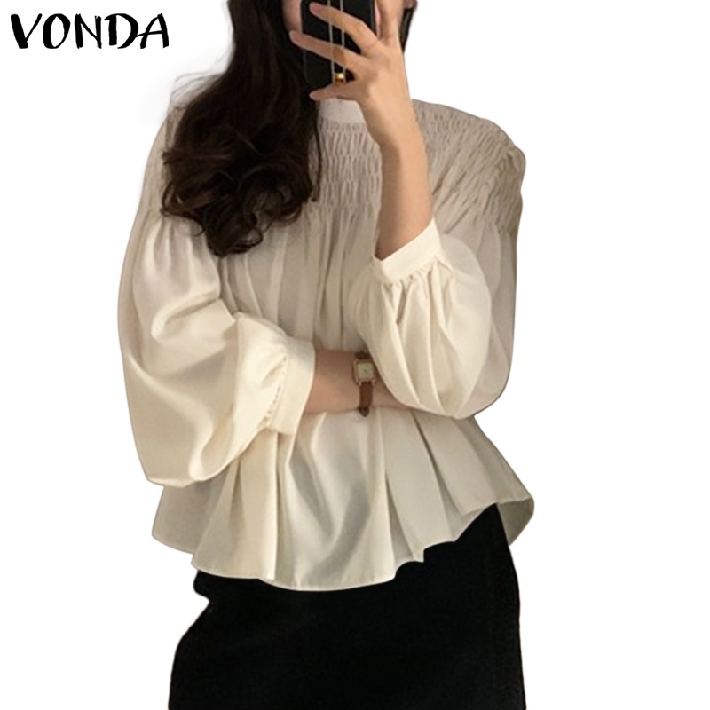 Áo kiểu VONDA tay dài cổ tròn xếp ly màu trơn phong cách Hàn Quốc thời trang hè cho nữ