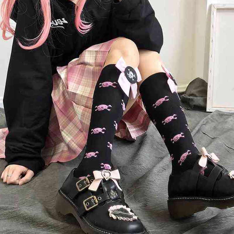 XIXI Tất Chân Cao Qua Gối In Hình Đầu Lâu Phong Cách Lolita Cho Nữ