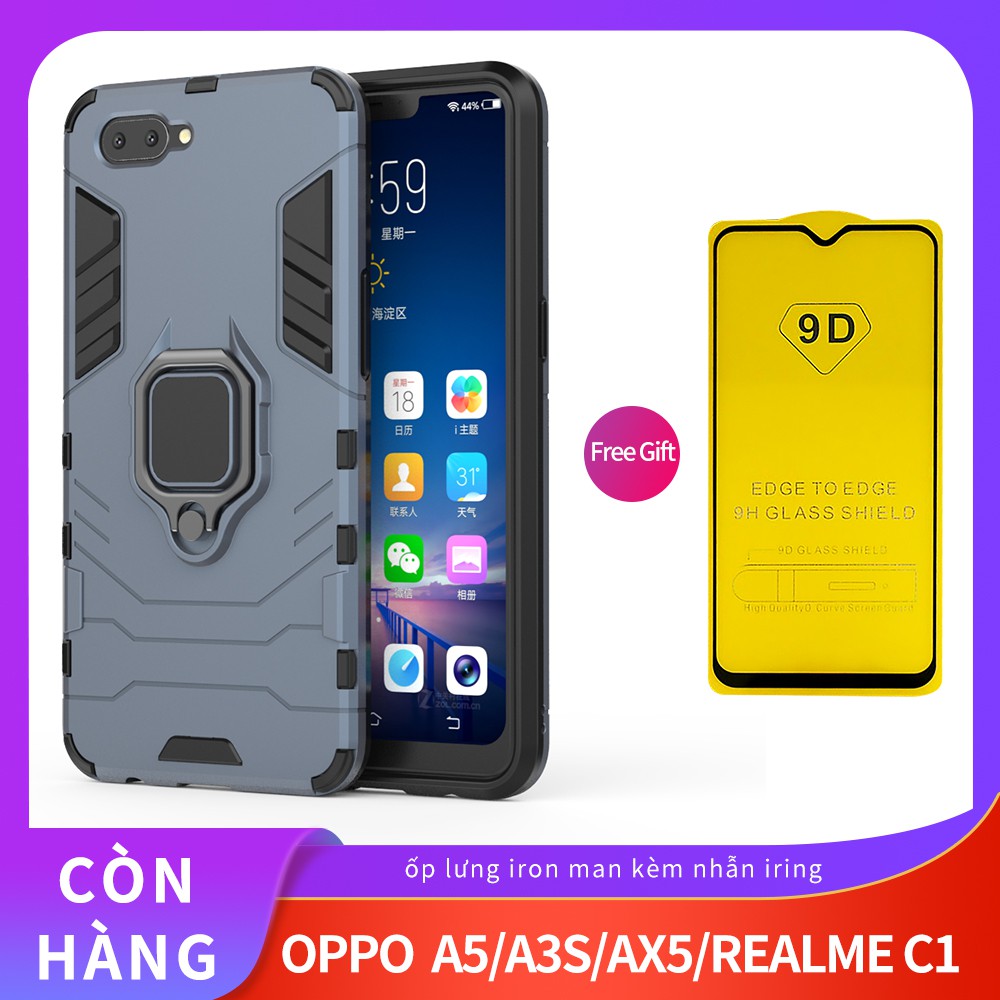 Ốp lưng Oppo A5/ A3S/ AX5 chống sốc iron man kèm nhẫn ring chống xem video tiện lợi