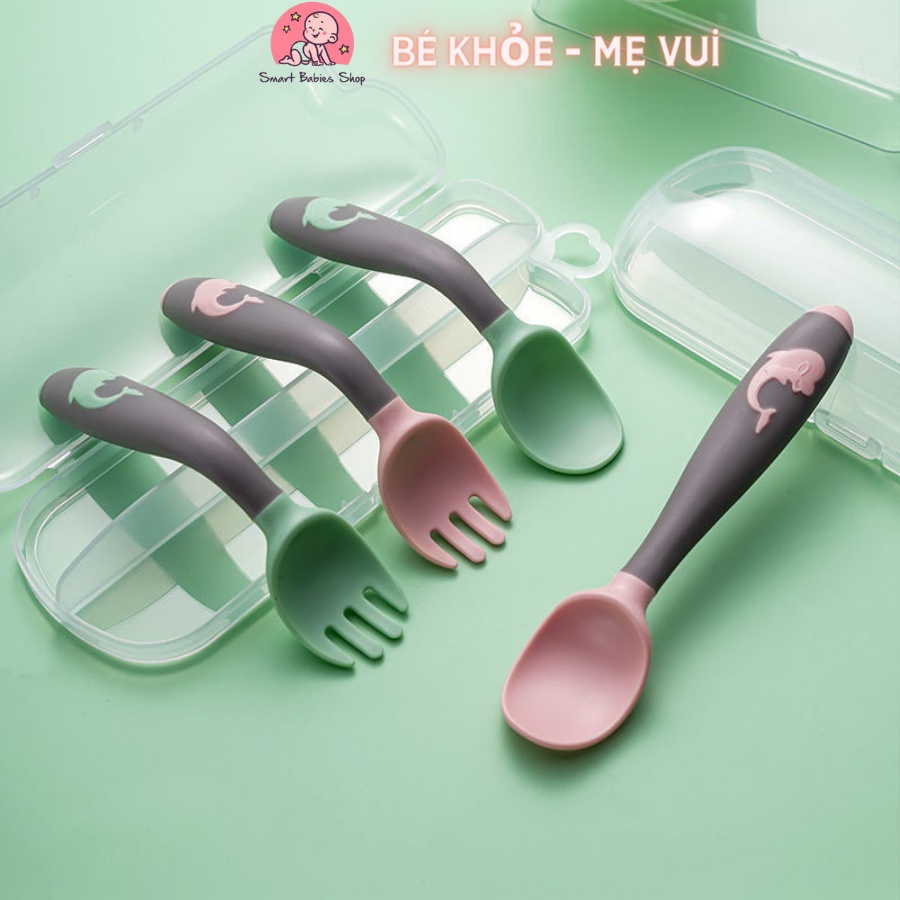 Bộ thìa nĩa uốn cong kèm hộp cho bé tập ăn