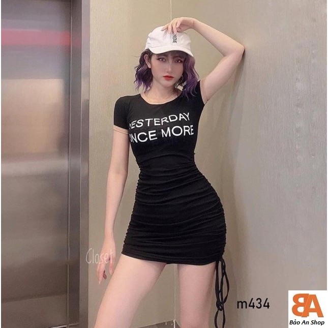 Đầm ôm body rút đùi phối chữ in (ảnh thật)