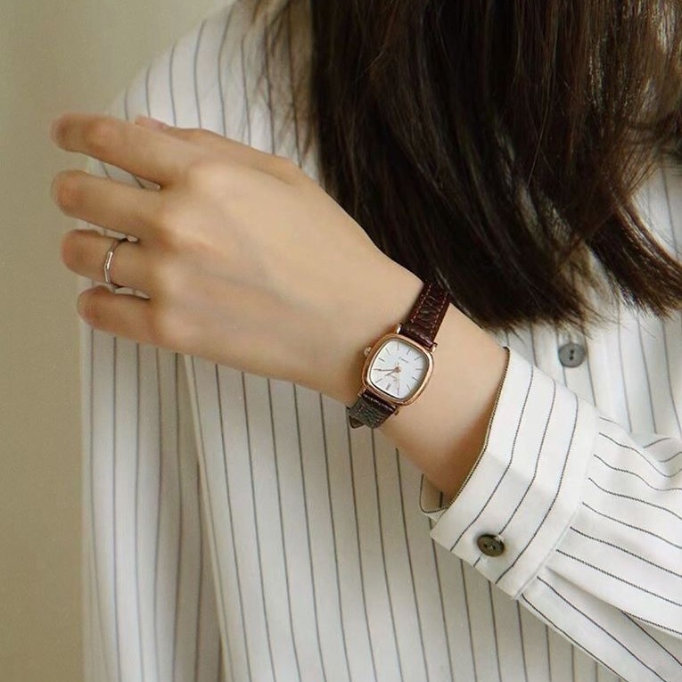 Đồng hồ nữ dây da mặt vuông RATE nâu mặt trắng đồng hồ nữ mặt nhỏ chính hãng Watchesbytif size 22mm đẹp giá rẻ