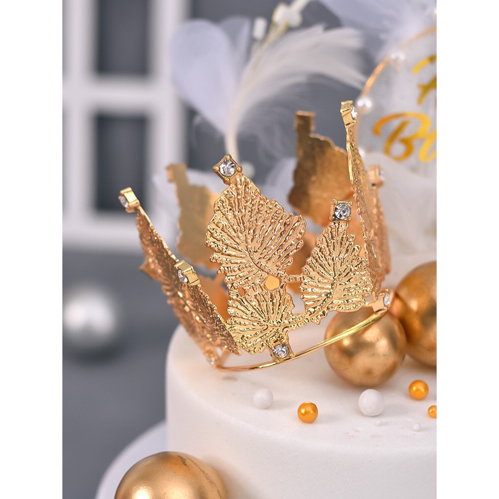 Vương Miện Trang Trí Bánh Kem , trang trí sinh nhật - Vương miện hợp kim lá phong vàng bạc